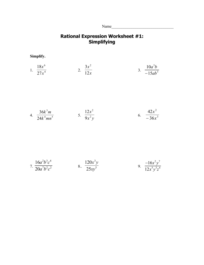 Rational expression worksheet with nine simplification problems