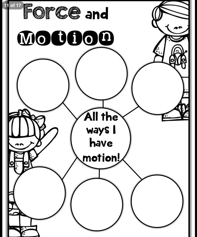 Black-and-white force and motion worksheet with blank circles