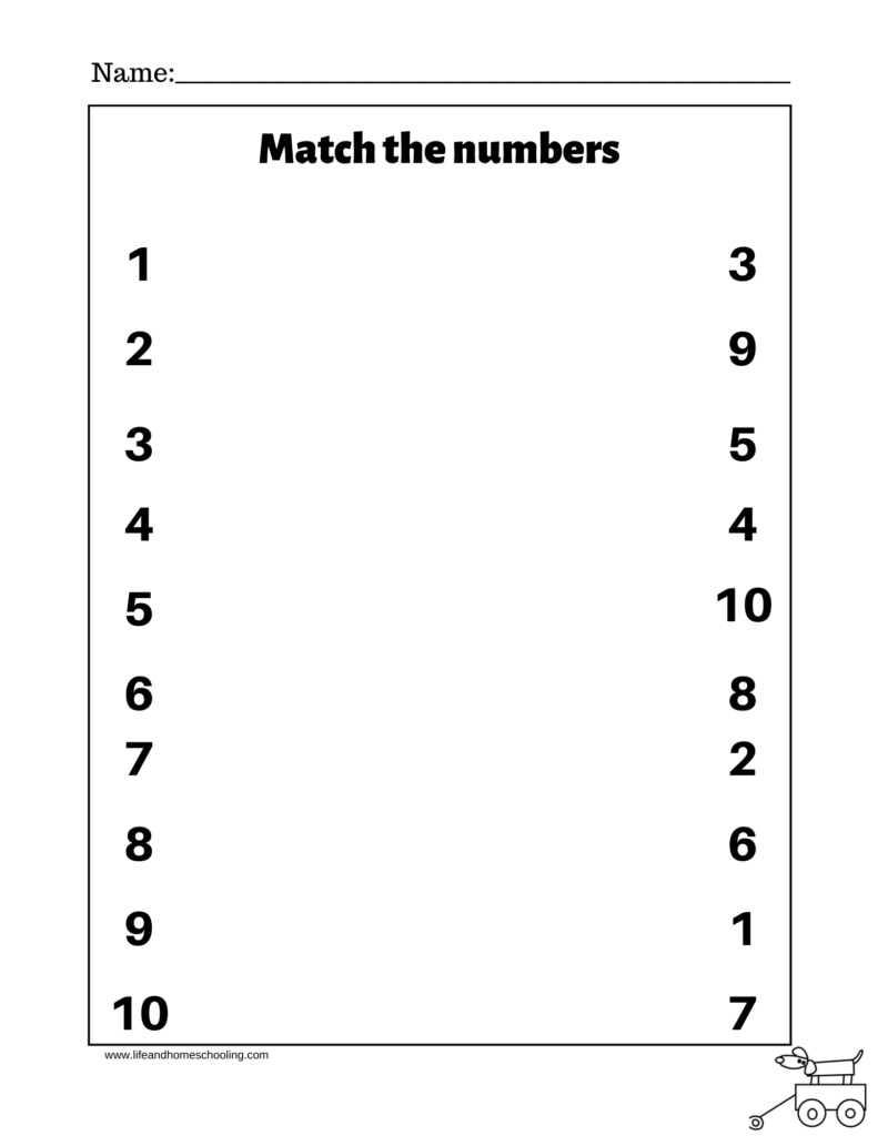 Printable worksheet with numbers to match in two columns