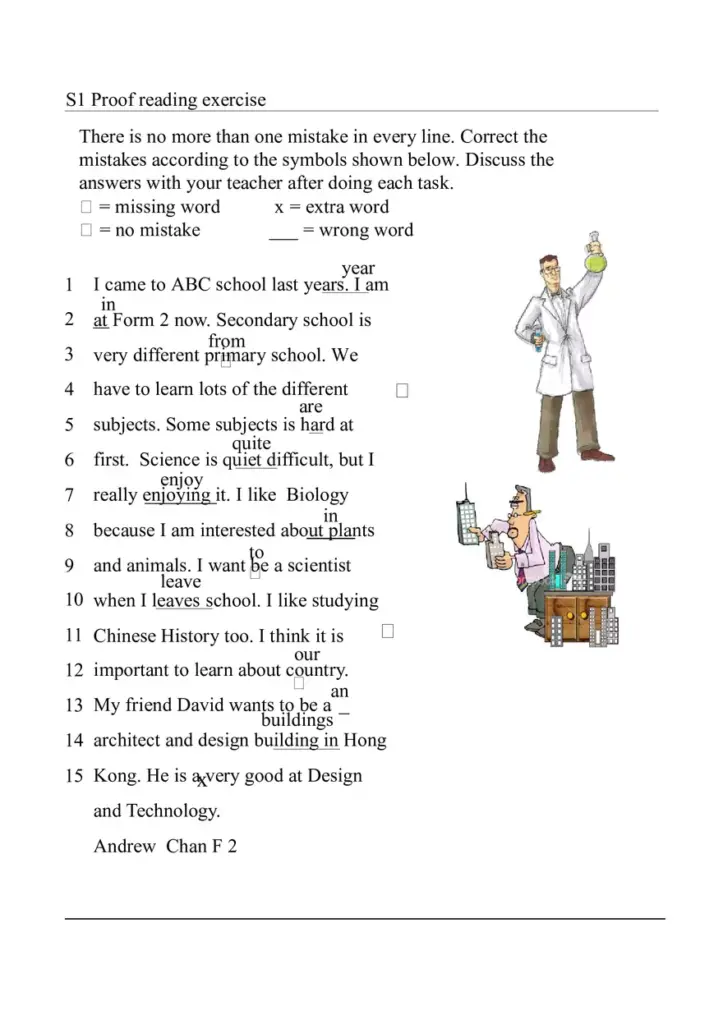 Proofreading worksheet with science and architecture cartoons