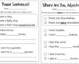 Two grammar worksheet pages about adjectives and power sentences