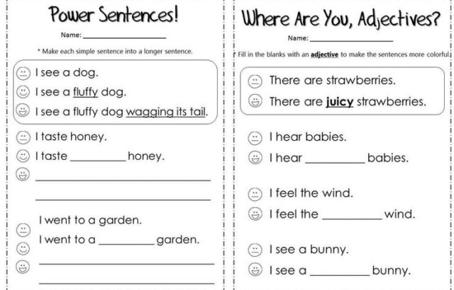 Two grammar worksheet pages about adjectives and power sentences