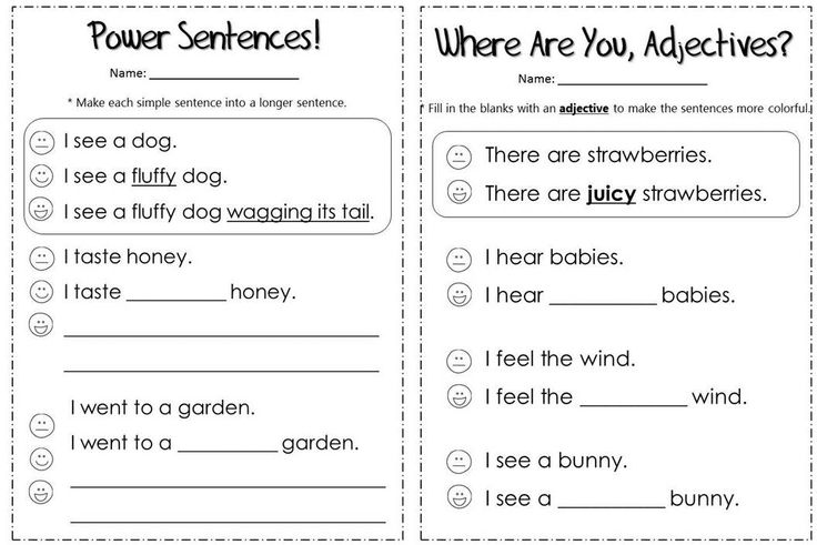 Two grammar worksheet pages about adjectives and power sentences