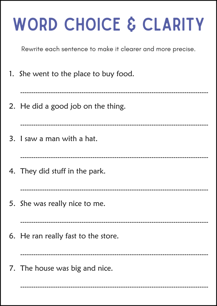 Word choice and clarity worksheet with seven sentences