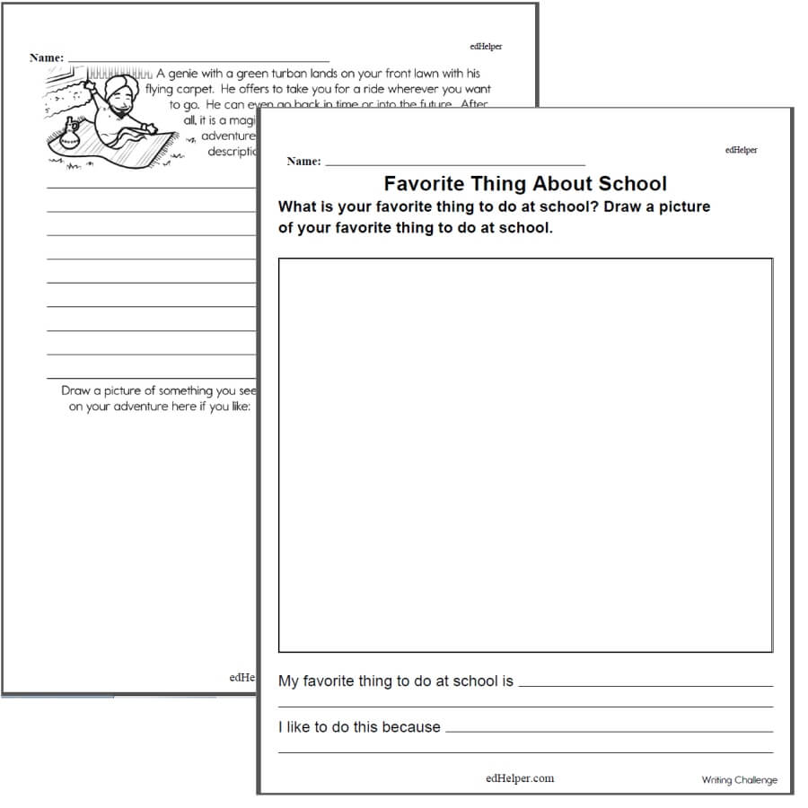 Two overlapping school writing worksheets on white background