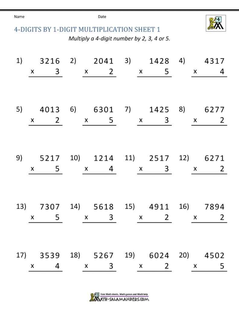 Multiplication worksheet with 20 four-digit problems