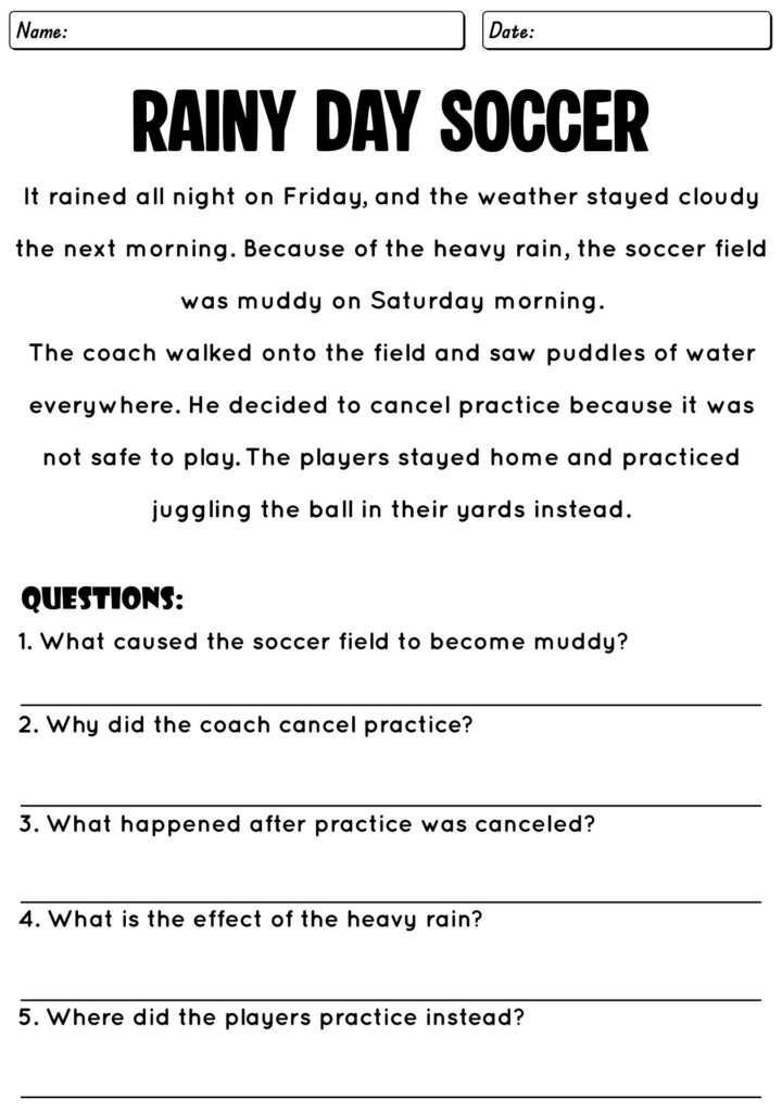 Reading worksheet titled “Rainy Day Soccer” with questions