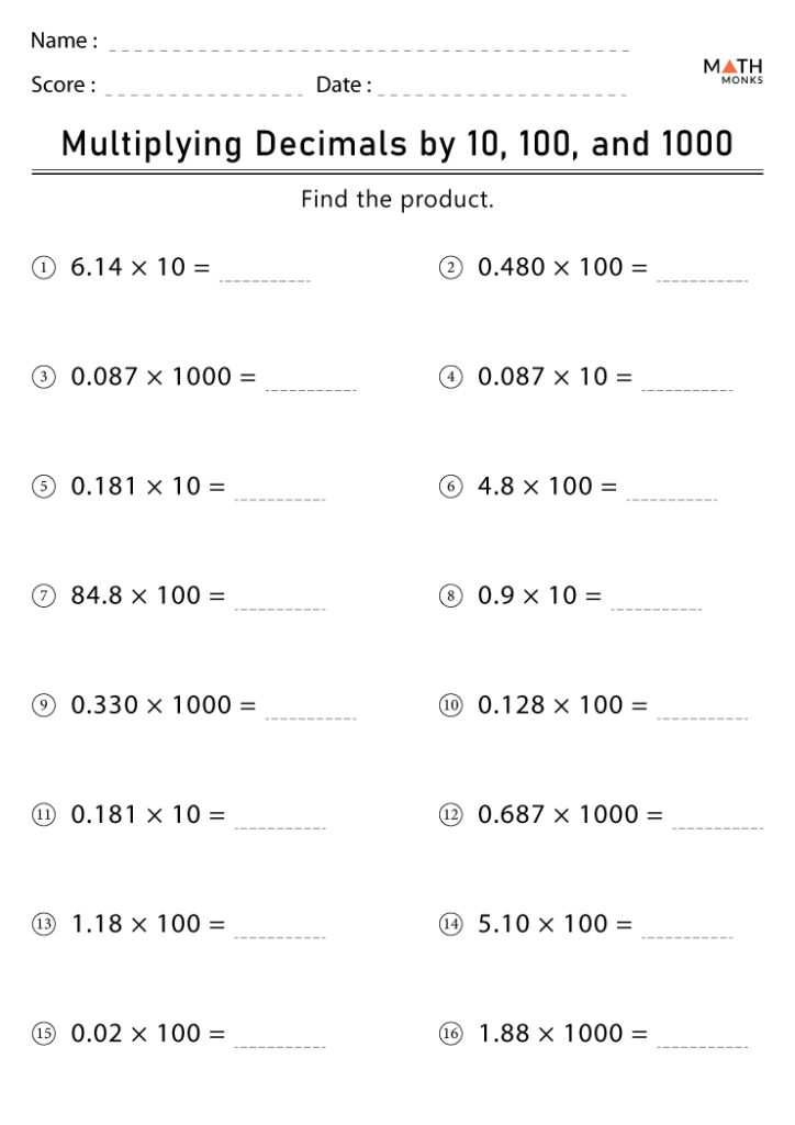 Decimal multiplication worksheet with numbered problems