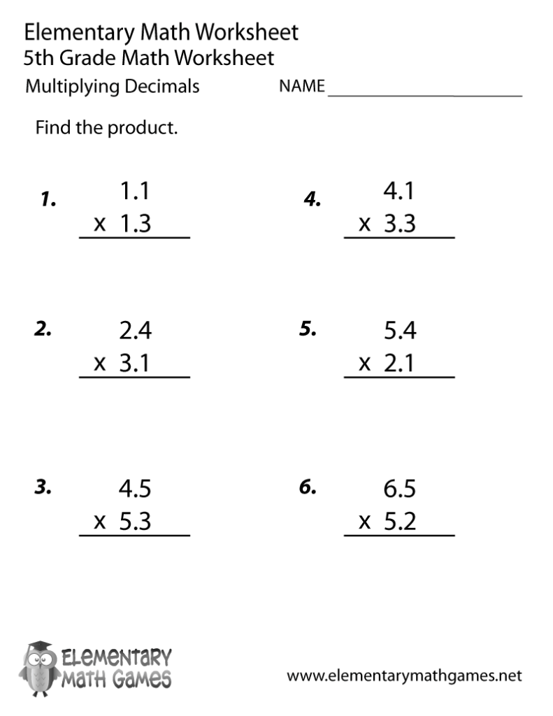 Elementary math worksheet multiplying decimals problems
