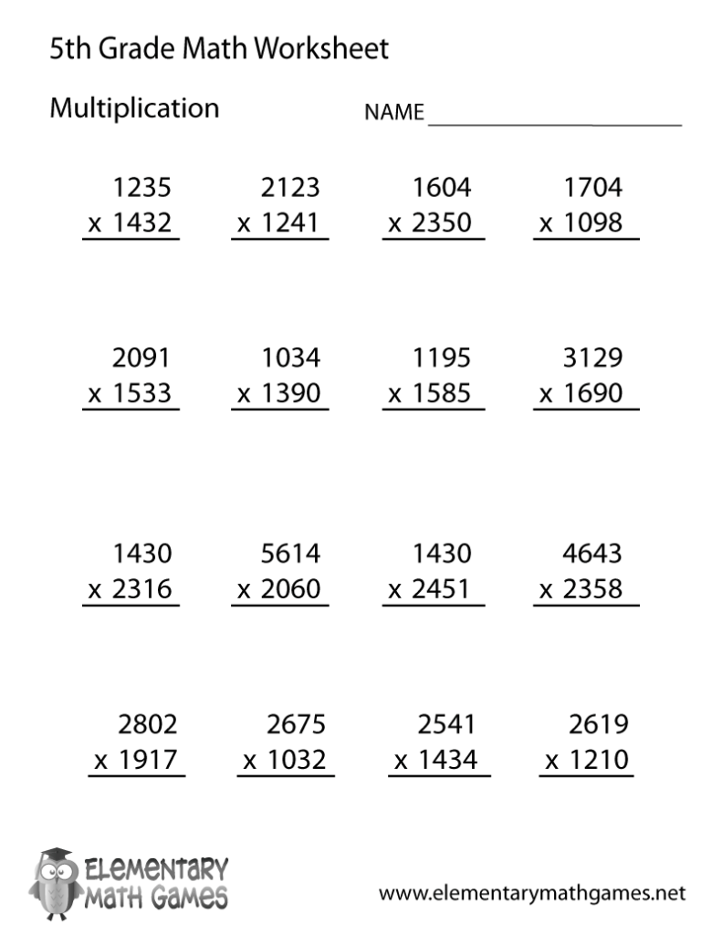 Fifth grade multiplication worksheet with numbered problems