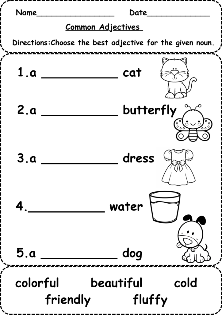Common adjectives worksheet with pictures and word bank