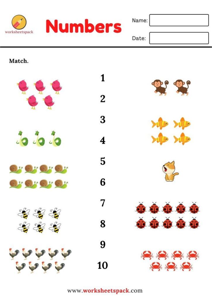 Number matching worksheet with animal pictures and numbers 1-10