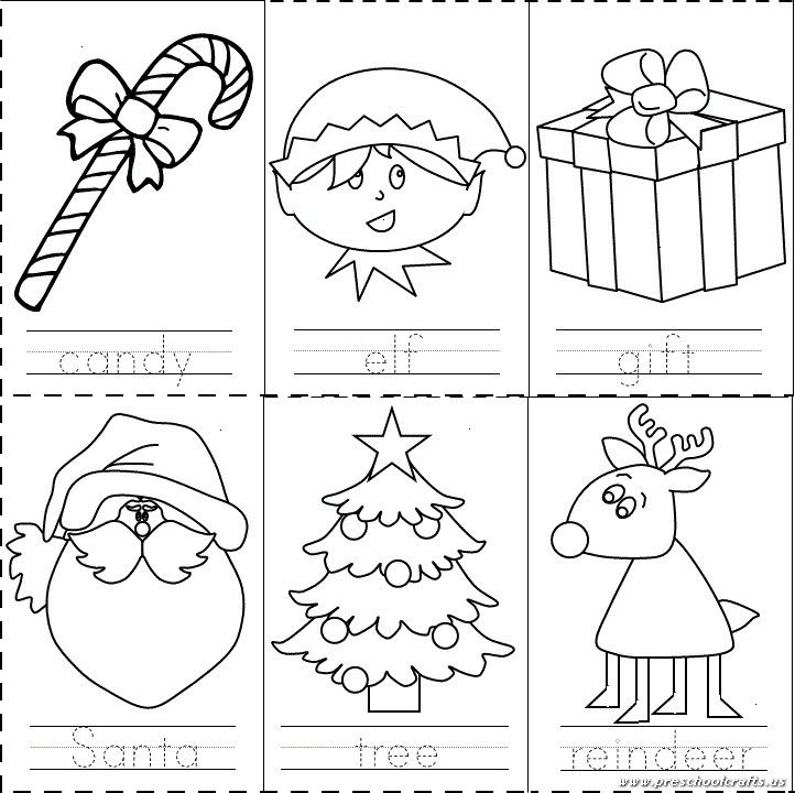Six Christmas-themed coloring worksheet drawings in a grid