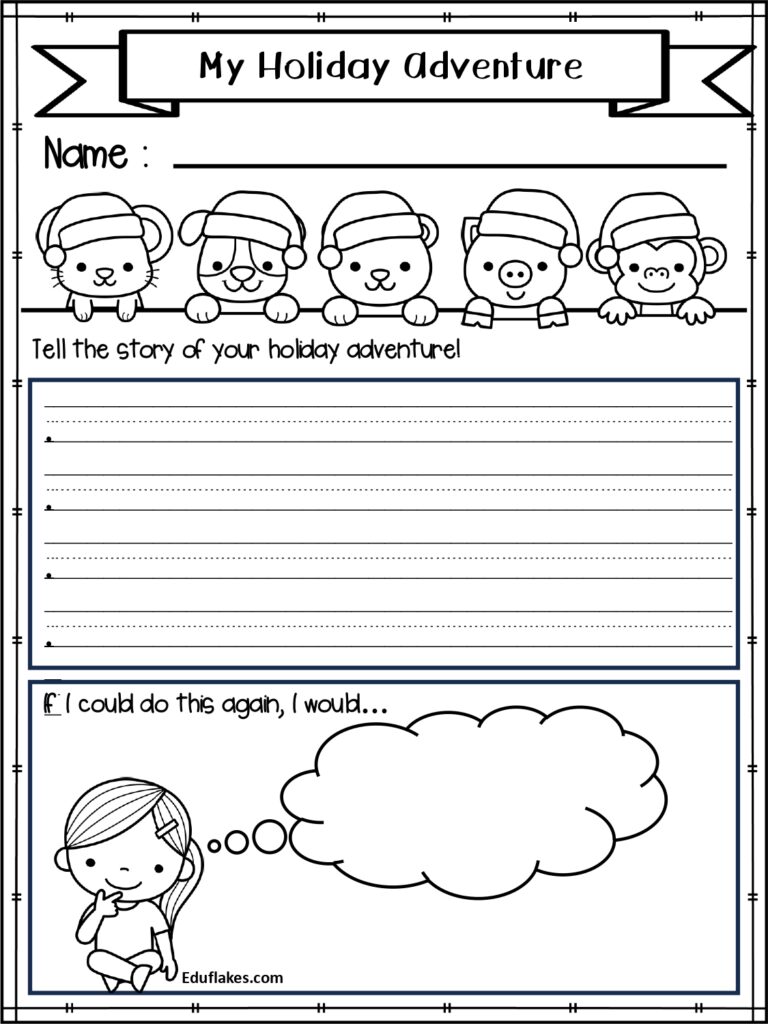 Holiday adventure worksheet with cartoon animals and writing lines