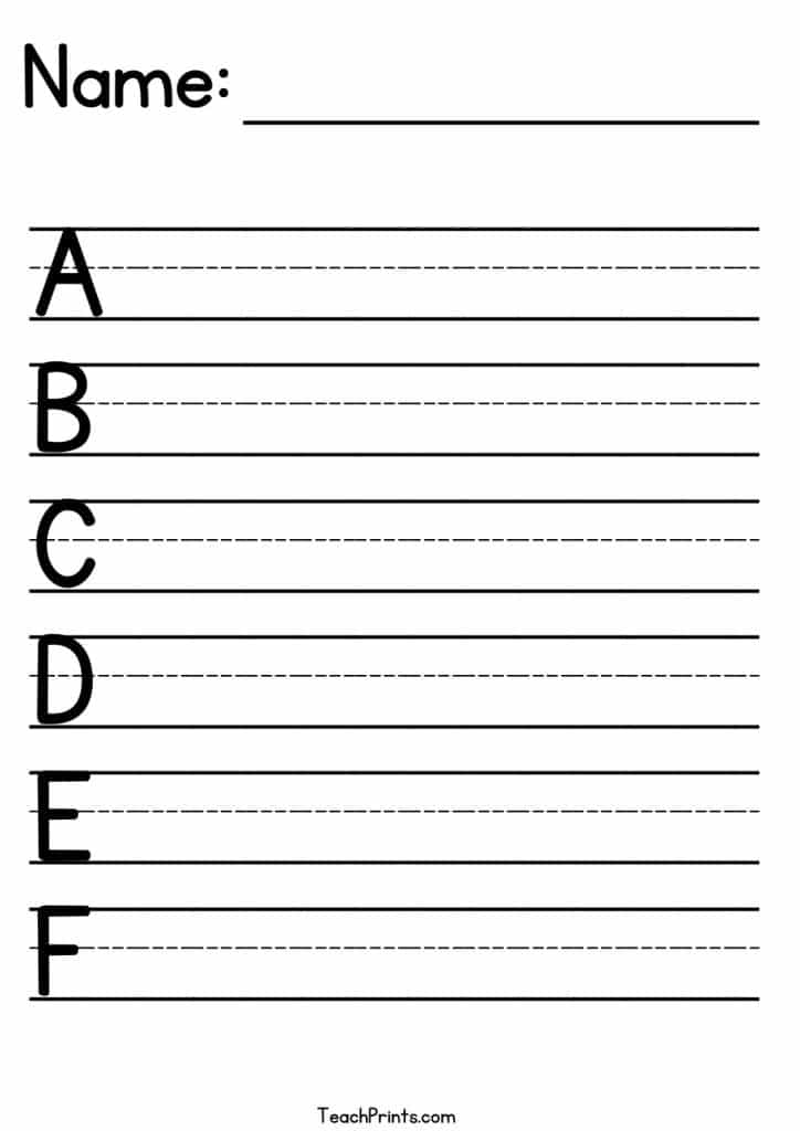 Alphabet handwriting worksheet with letters A through F
