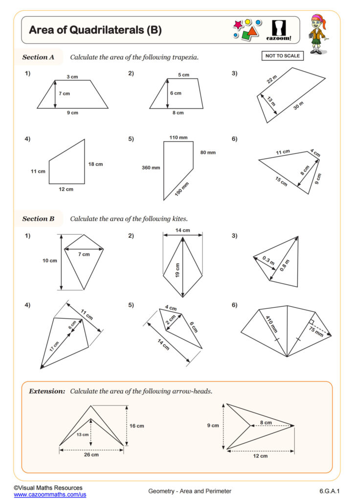 Math worksheet with trapezia, kites, and arrowheads diagrams