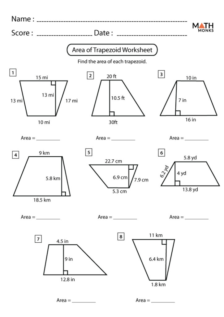 Trapezoid area worksheet with eight labeled problems