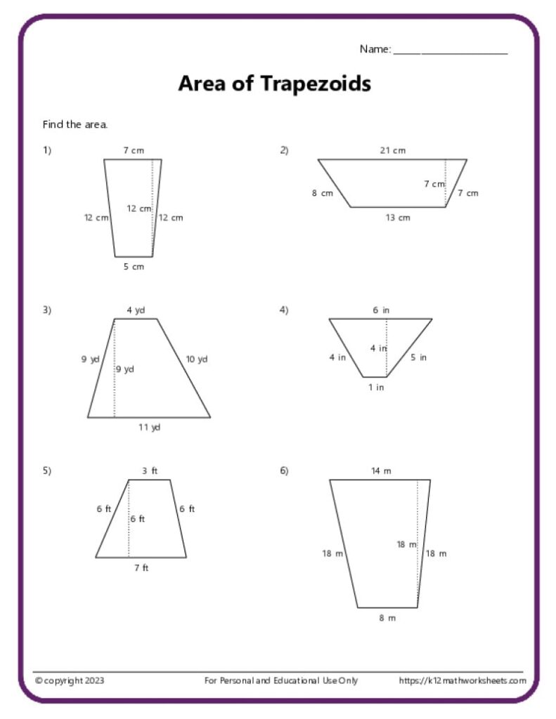 Area of trapezoids worksheet with six labeled diagrams