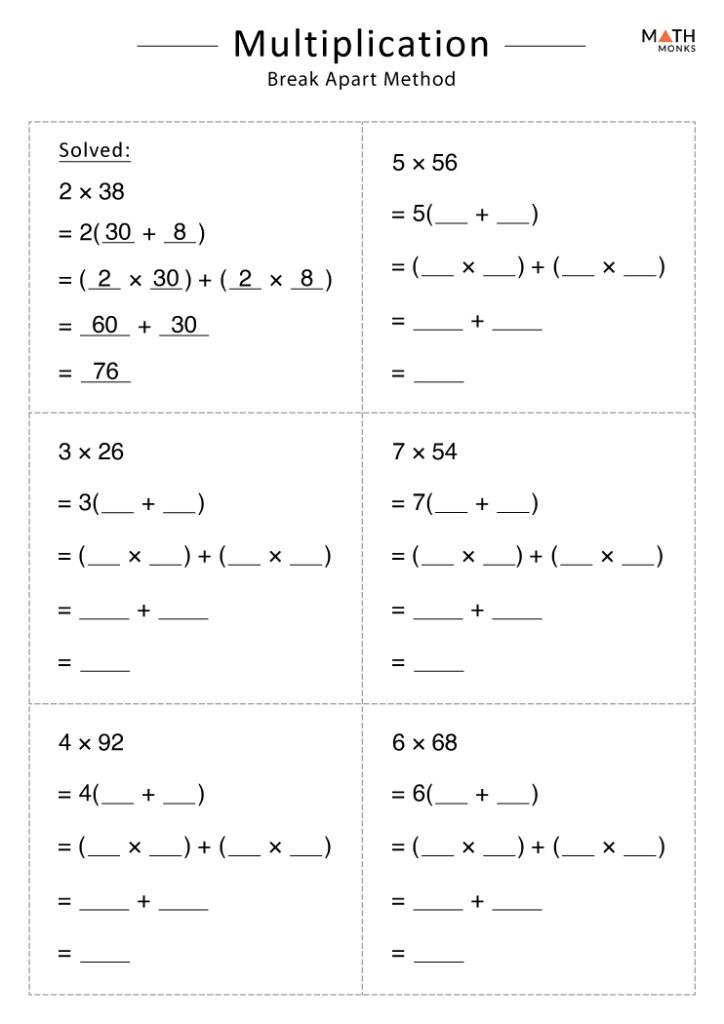 Multiplication worksheet with six problems and answers