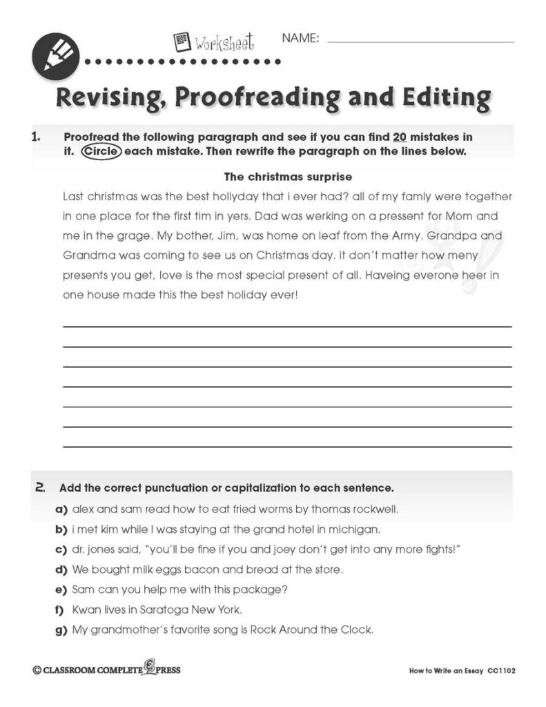 Grammar worksheet about revising, proofreading, and editing