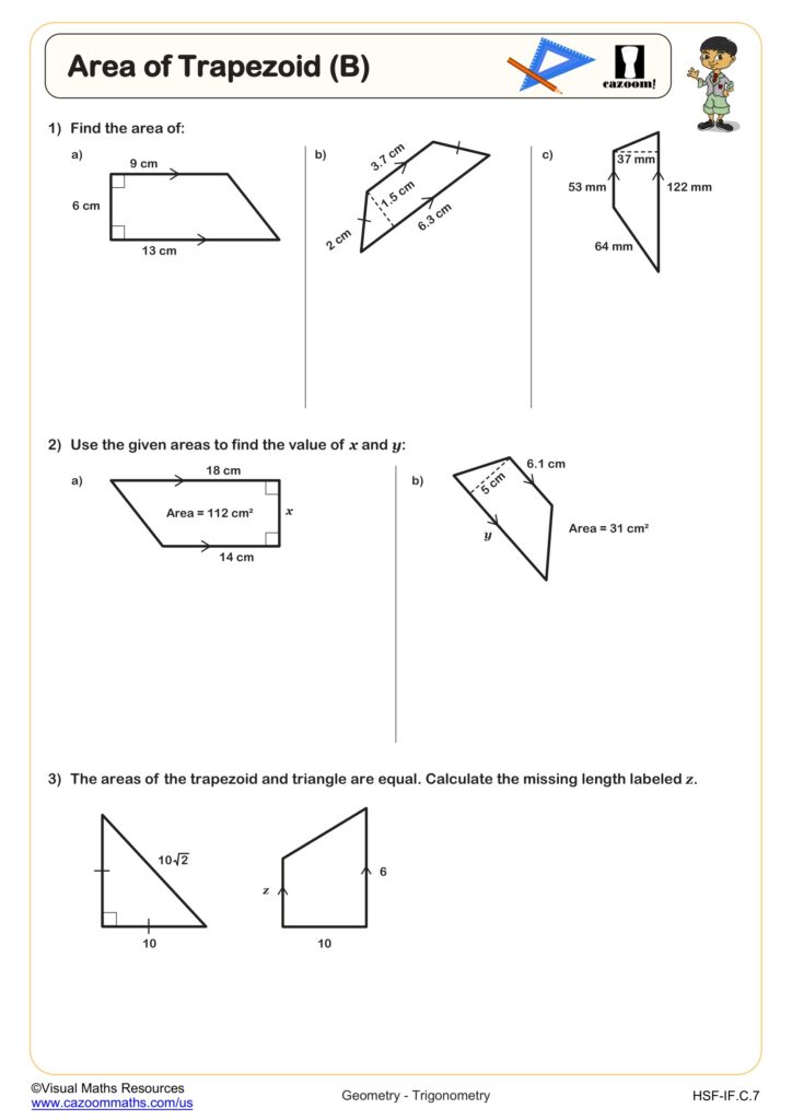 Trapezoid area worksheet with labeled shapes and measurements