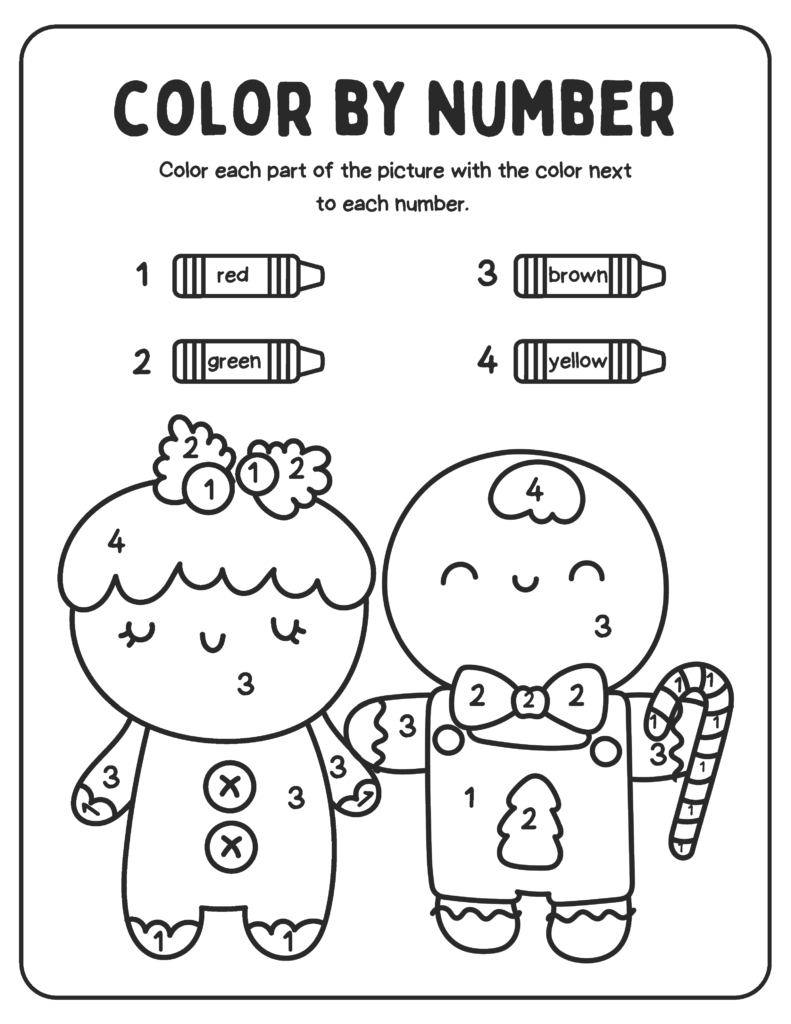 Color-by-number worksheet with two cartoon children and candy cane
