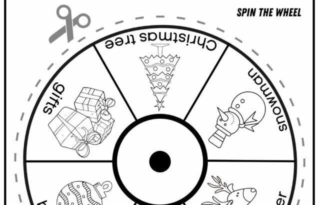Christmas word wheel worksheet with holiday pictures and labels