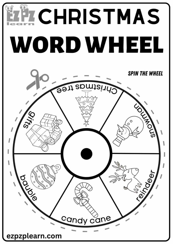 Christmas word wheel worksheet with holiday pictures and labels