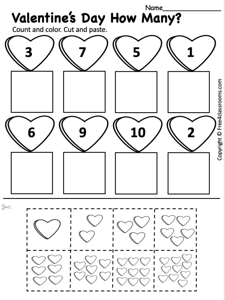 Valentine worksheet with numbered hearts and cutouts