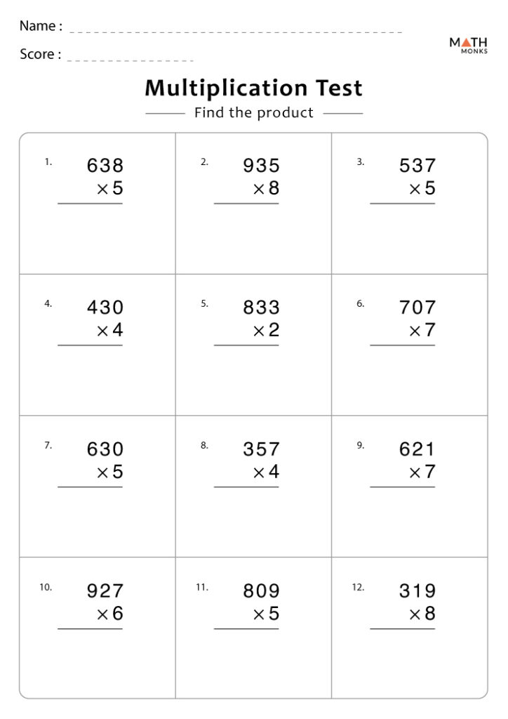 Printable multiplication test worksheet with twelve problems