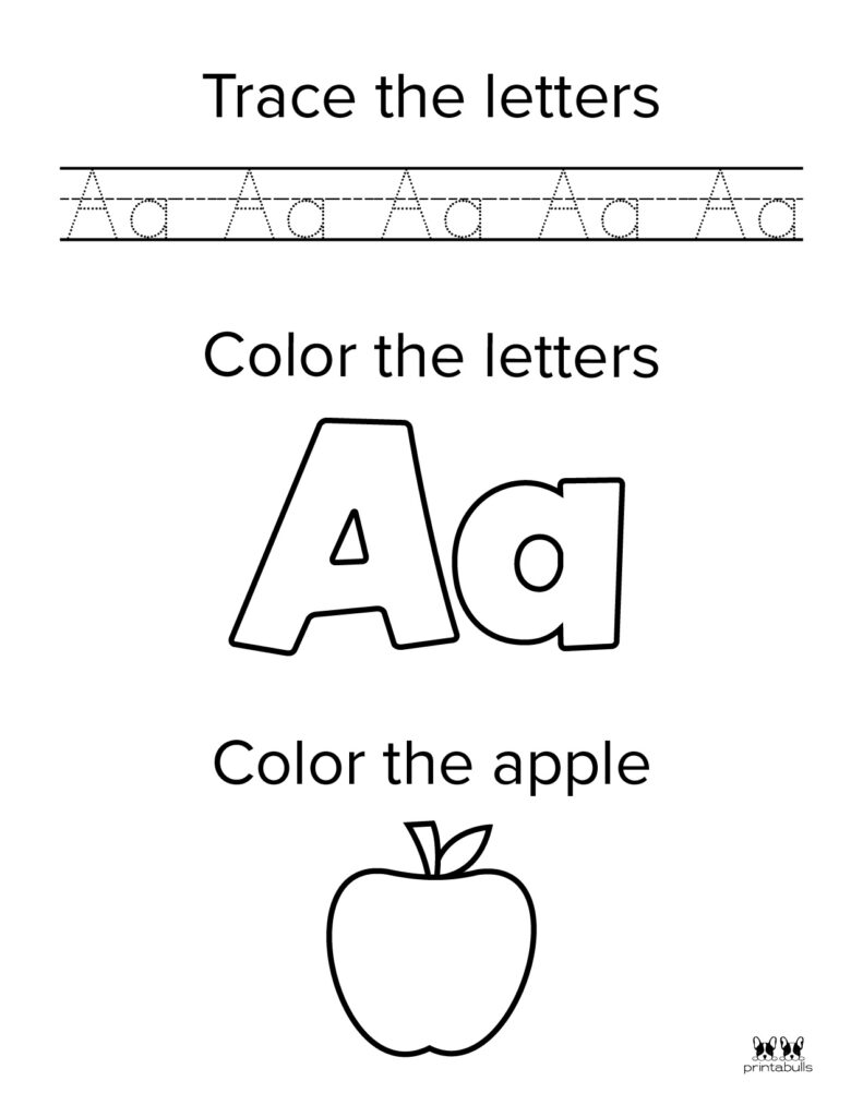 Alphabet worksheet with tracing, letters, and apple coloring