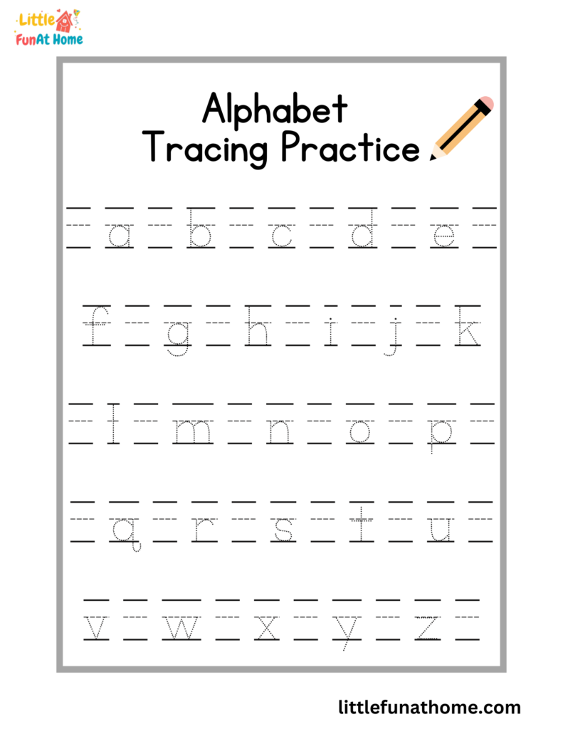 Alphabet tracing practice worksheet with lowercase letters