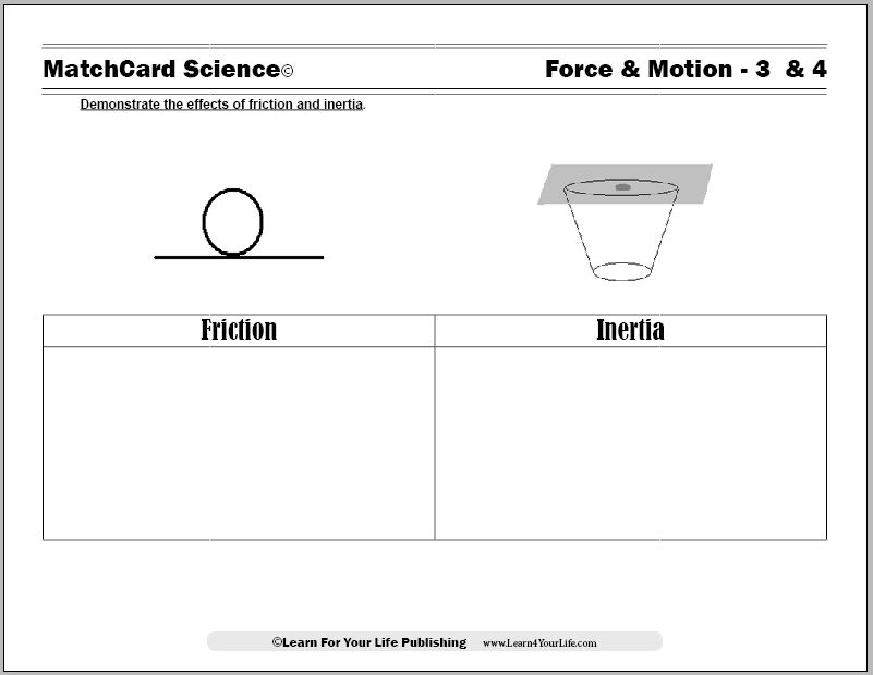 Science worksheet about friction and inertia diagrams