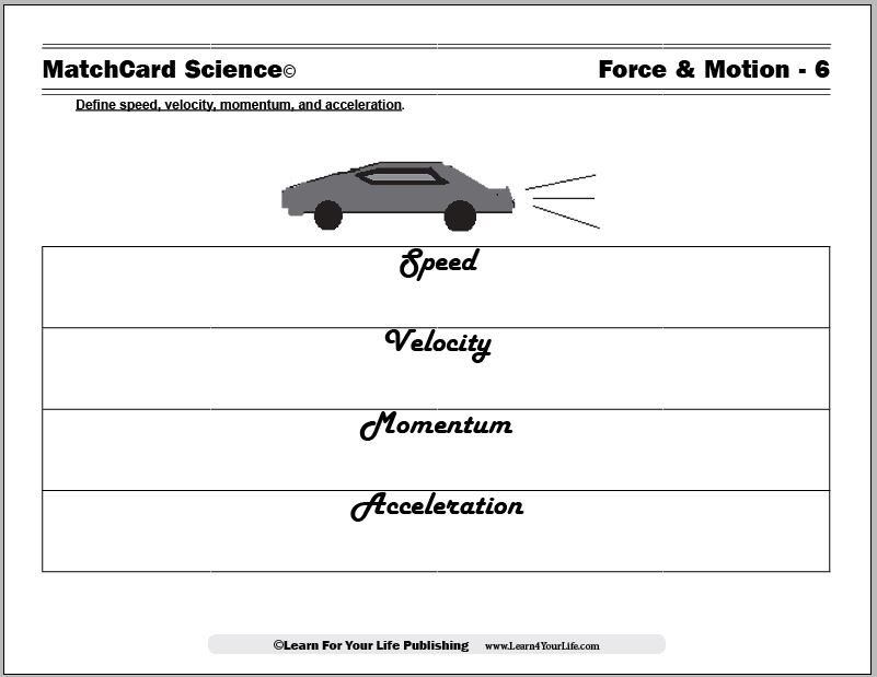 Force and motion worksheet with car graphic and blanks