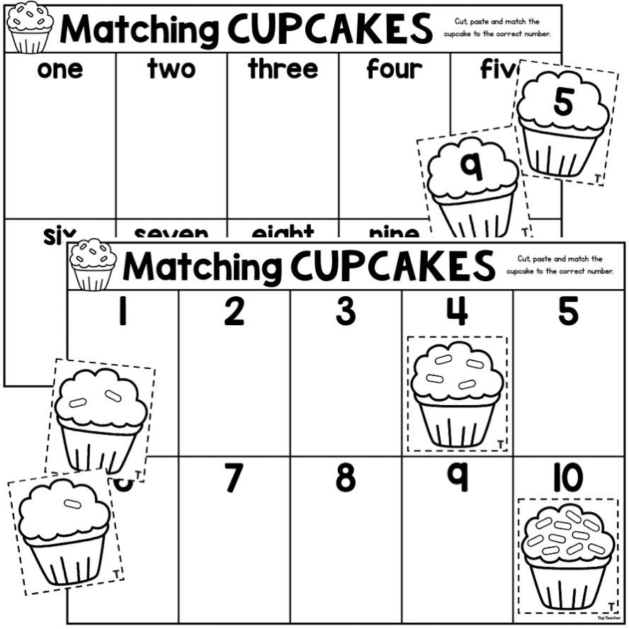 Two matching cupcakes number worksheets on one page