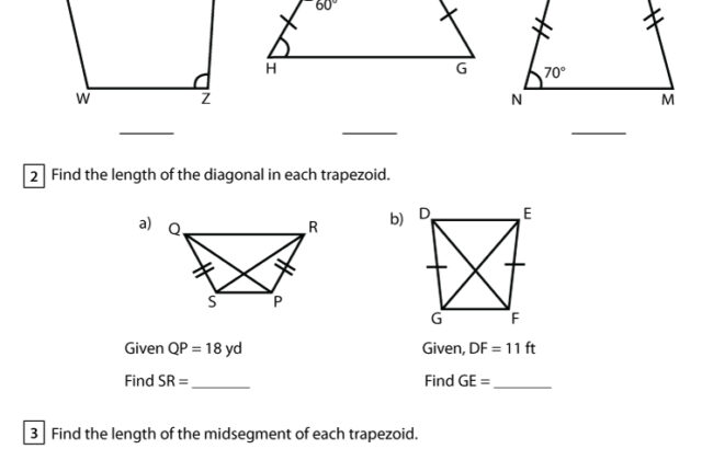 Trapezoid properties math worksheet with diagrams and blanks