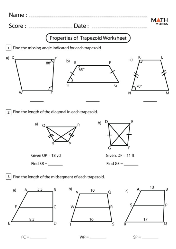 Trapezoid properties math worksheet with diagrams and blanks