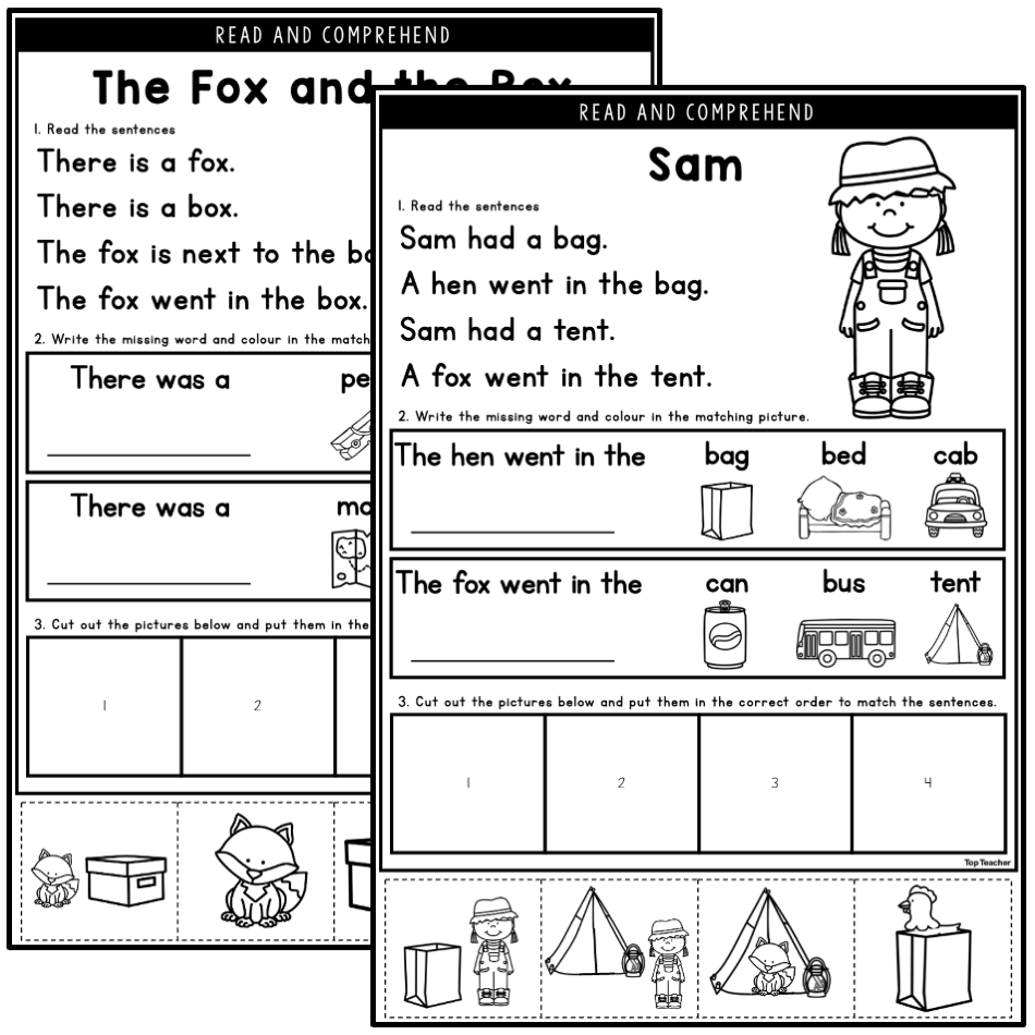 Overlapping black-and-white reading comprehension worksheets with foxes and Sam