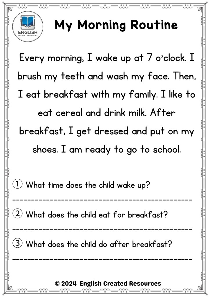 Morning routine reading worksheet with questions and border