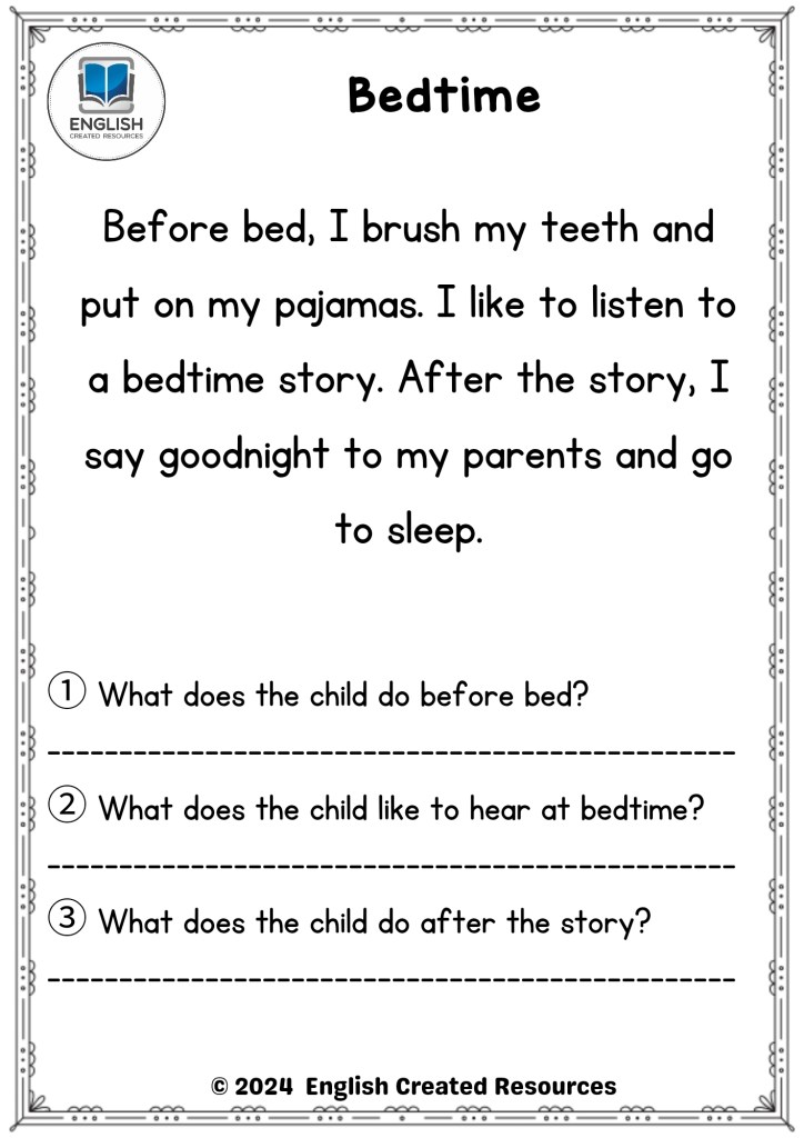 Bedtime reading worksheet with story and questions