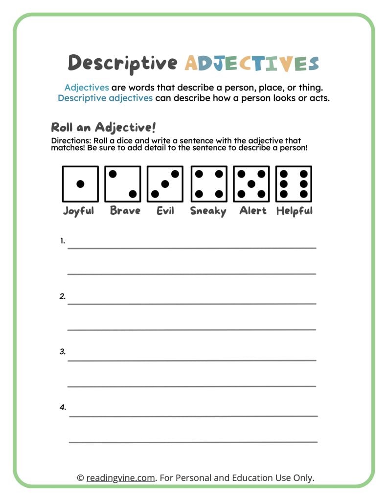 Adjective worksheet with dice and writing lines