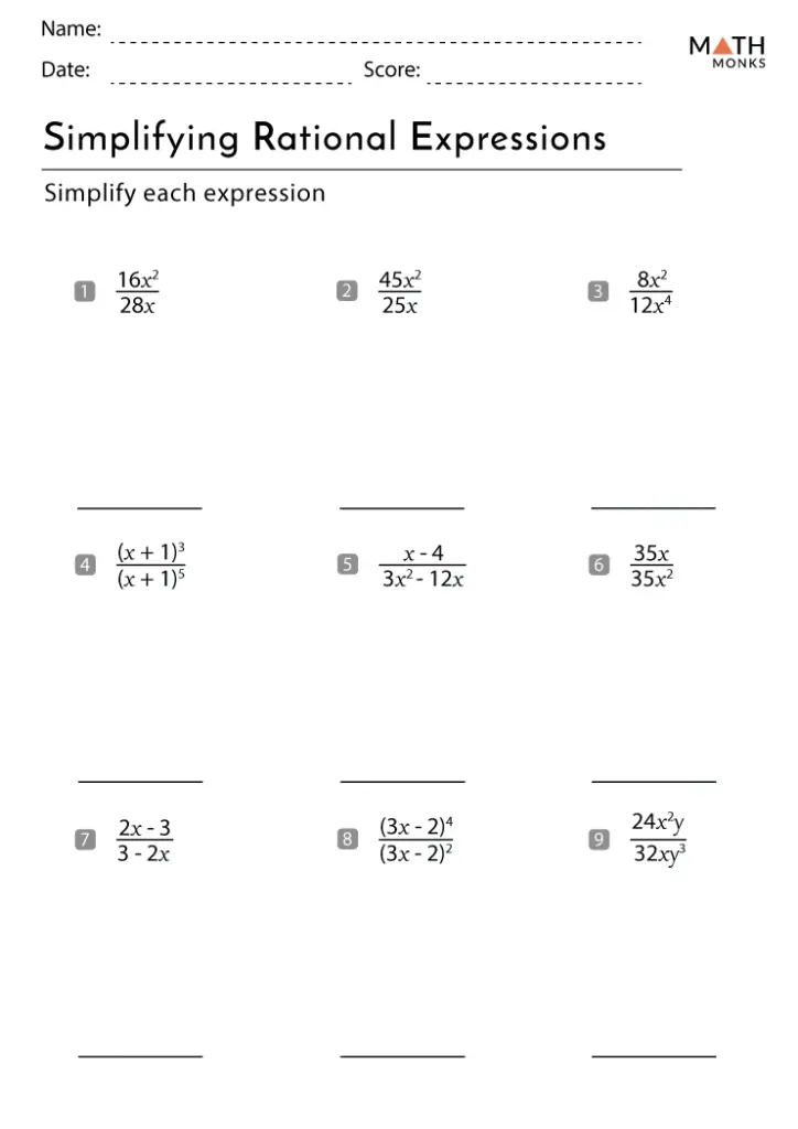 Math worksheet titled Simplifying Rational Expressions with nine problems