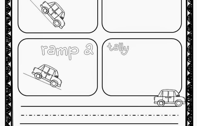 Black-and-white worksheet about comparing two ramps with cars