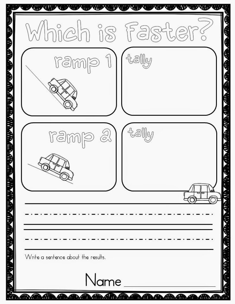 Black-and-white worksheet about comparing two ramps with cars