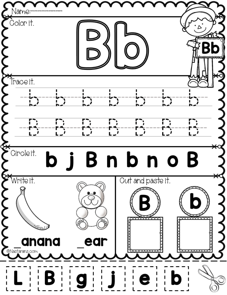 Black-and-white alphabet worksheet for letter B and b