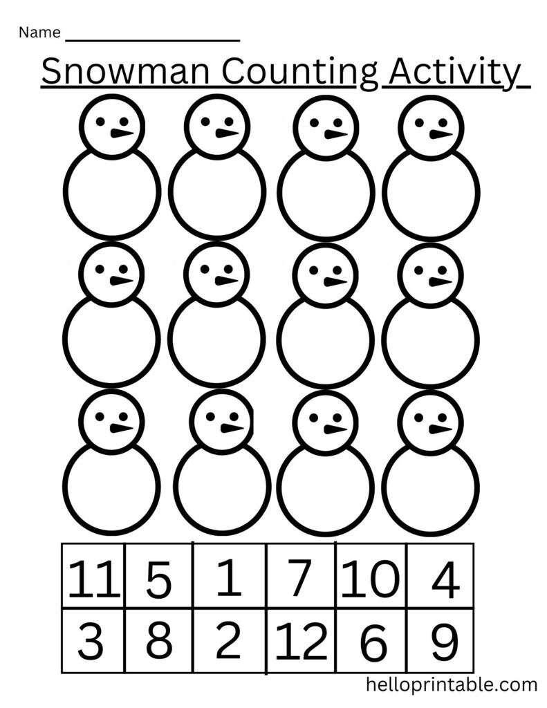Snowman counting worksheet with twelve snowmen and numbers below