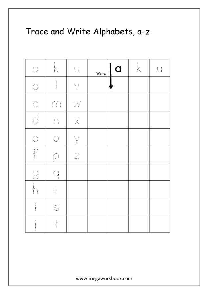 Alphabet tracing worksheet with grid and dotted letters