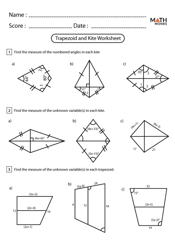 Math worksheet with trapezoid and kite diagrams
