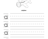 Alphabet handwriting worksheet with airplane illustration and practice lines