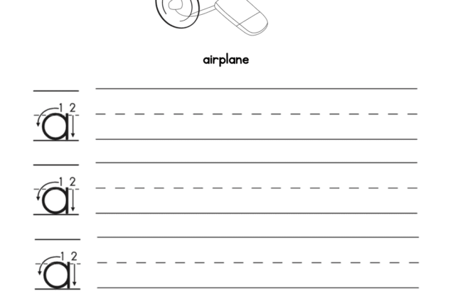 Alphabet handwriting worksheet with airplane illustration and practice lines